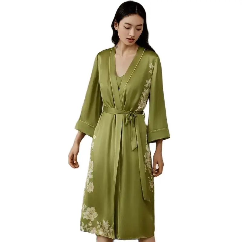 BirdTree, 100%Mulberry Silk Elegant Nightrobe, Women Long Sleeve Printed, Soft Sweet Pajama Dress, 2024 Summer Autumn P48307QC