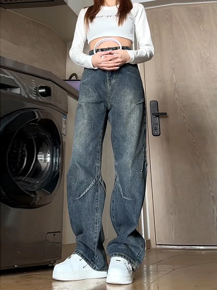 

Мужские джинсы премиум-класса с высокой талией в стиле ретро, синие, свободного прямого кроя, в американском уличном стиле, для весеннего образа (OOTD)