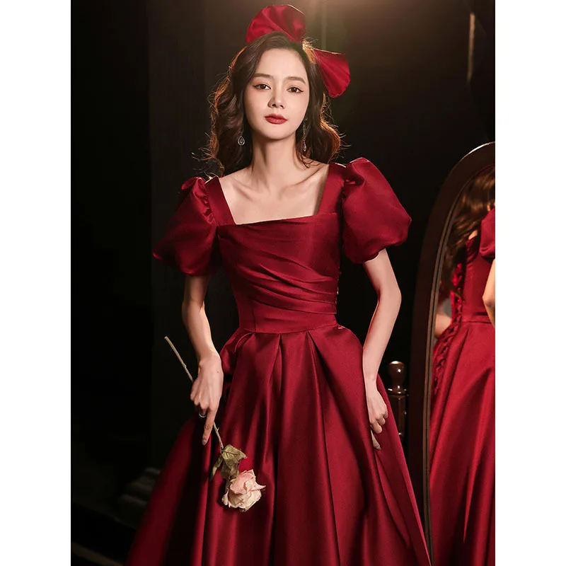 Toast Dress Bride Marriage Engagement Retro Wearable Wine Red Satin Women's Clothing