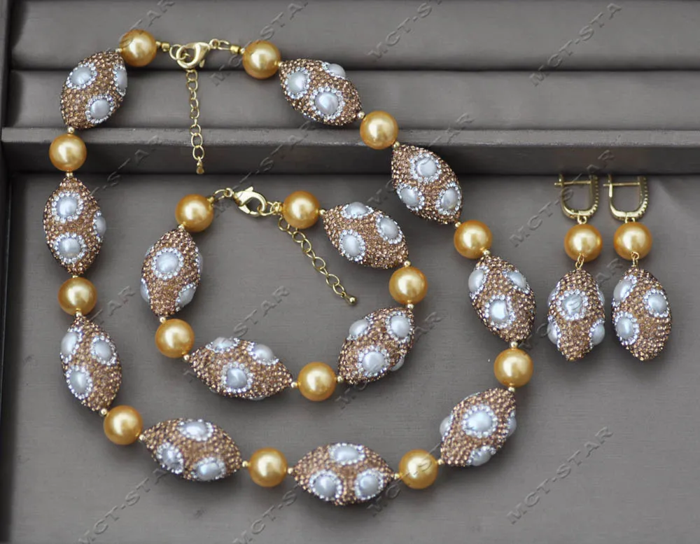 MTC·STAR Z13322 Set 30mm Golden Round Shell Pearl White Golden All CZ Spindle Shape Bead Necklace Bracelet Earring Custom Jewelr