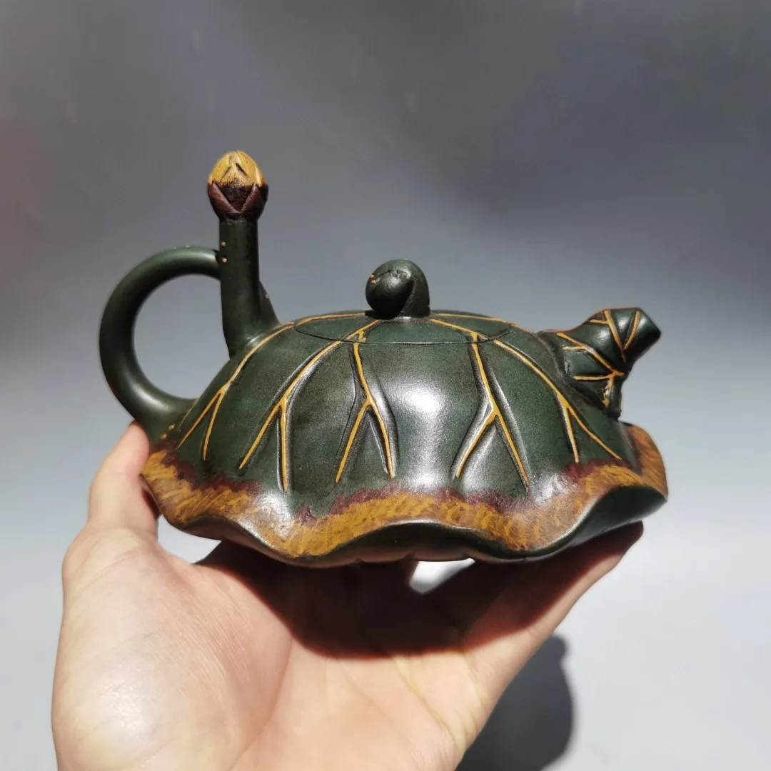 6.7in Chinese Yixing Zisha Green Natural Clay Gild Lotus Teapot Collectible
