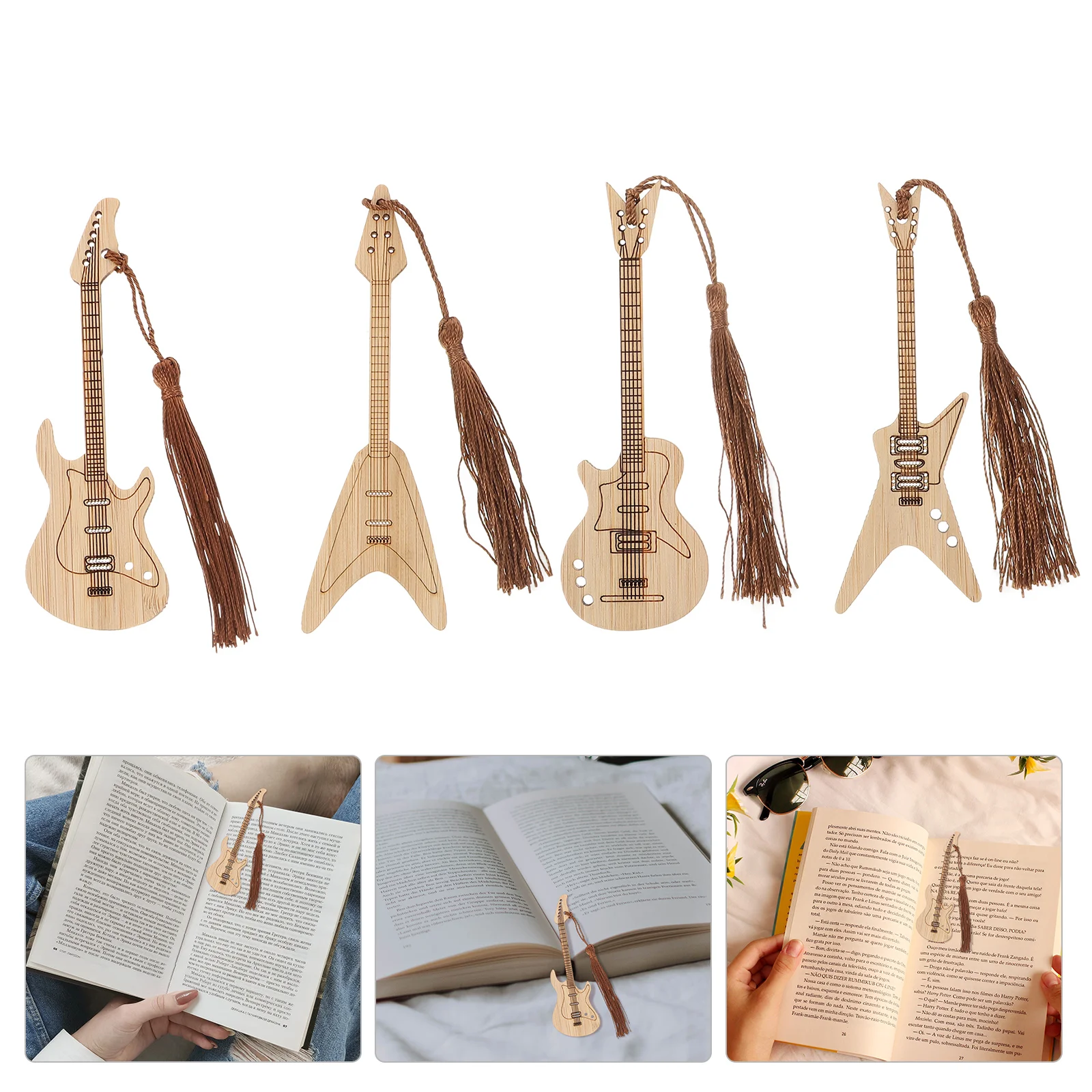 4 pçs instrumento marcador instrumentos musicais presentes guitarra estilo chinês borlas criativas para artesanato estudante de leitura de bambu