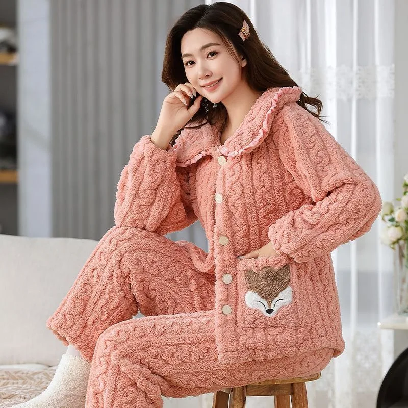 Pyjama en velours pour femmes et filles, vêtements de nuit épais, vêtements de détente chauds en peluche jacquard, vêtements d'extérieur trempés, hiver, 2024 lieux