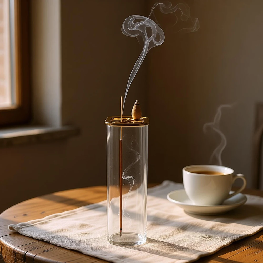 Metal Glass Dual Incense Burner for Stick & Cone Backflow, Office Yoga Meditation Aroma Holder with Ash Catcher