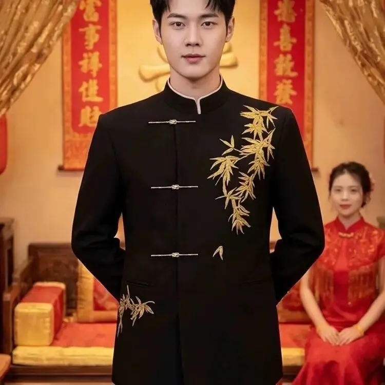 Chinese Style Men's Wedding Suit Set Gold Bamboo Embroidery Stand Collar Western Coat Breathable Business Style Polyester Fiber