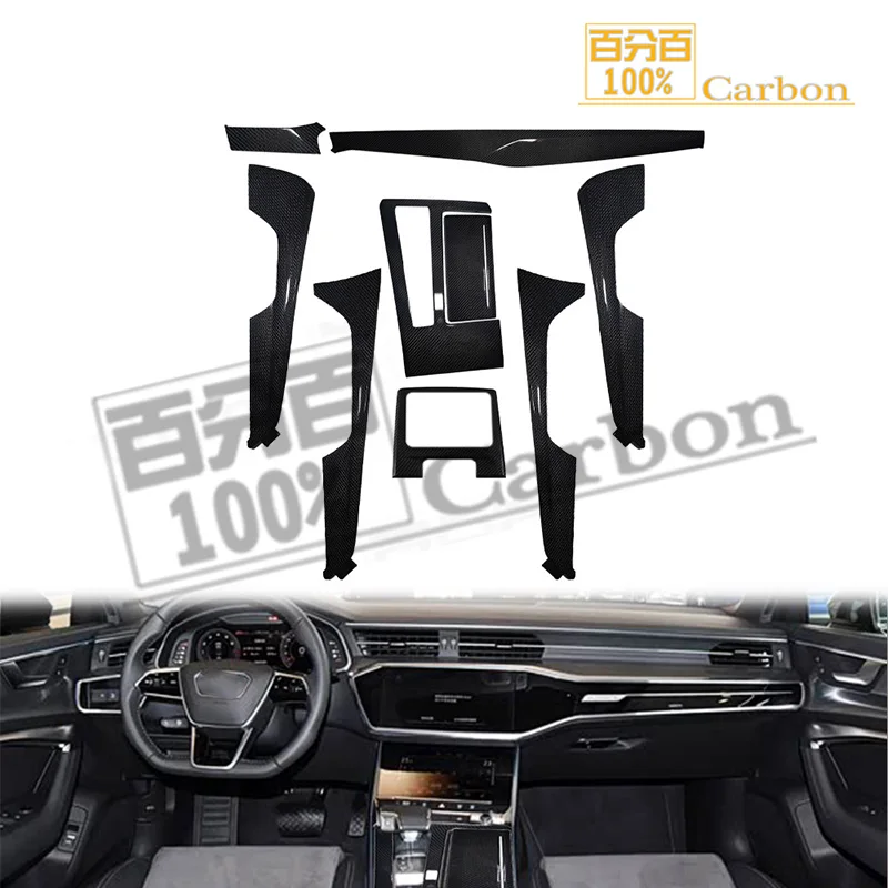 

Накладки на центральную консоль, панели дверей из настоящего карбона для Audi A6 Avant Allroad 2021 года и новее, только для леворульных моделей.