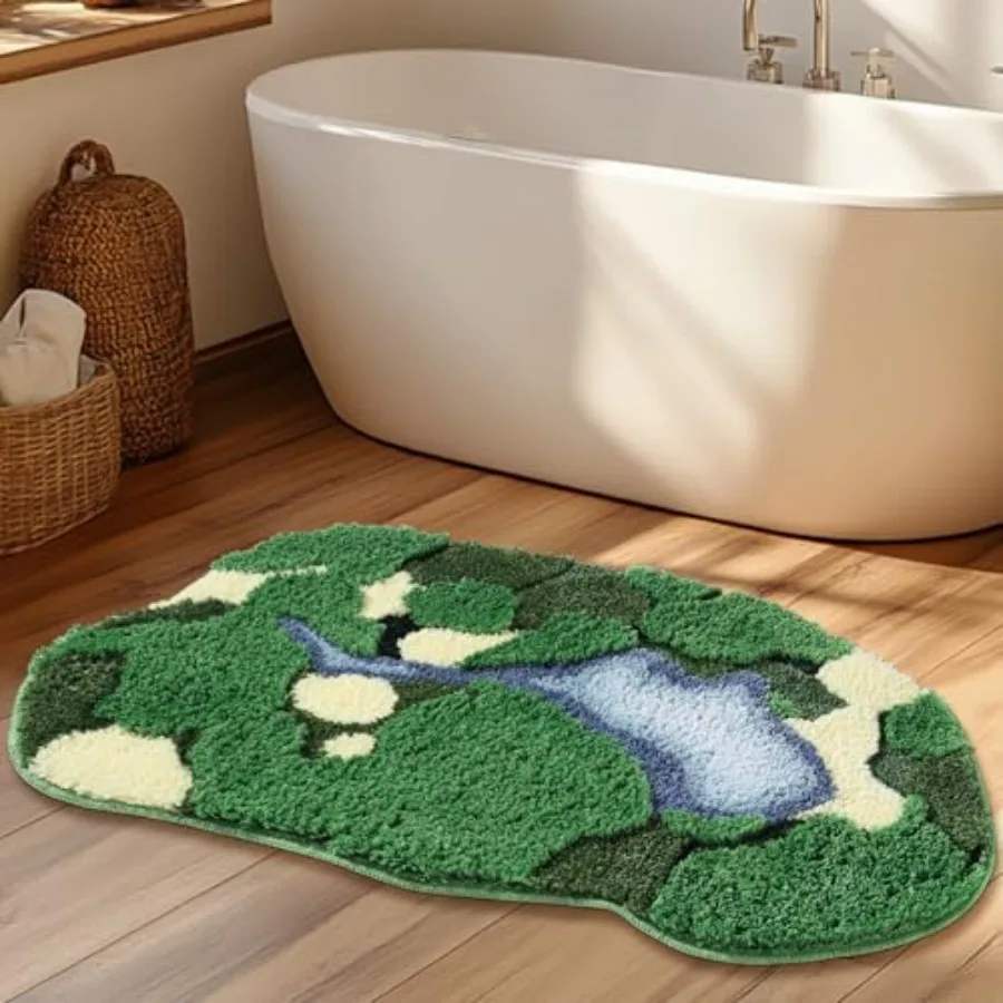 

Зеленый длинный коврик для ванной из моховой ткани, ультратолстый, мягкий, 3D-дизайн, эстетичный декор, милые тафтинговые коврики для ванной, нескользящие, впитывающие, моющиеся
