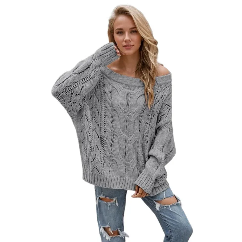 2025 Sweater De Mujer Autumn Winter Knitted Pullover Women One-line Collar Knitted Hollow Pullover Loose Solid Color New Sweater
