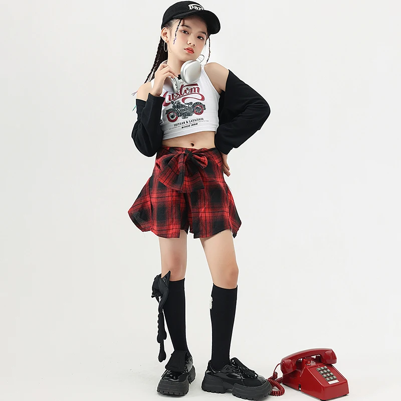 Kids Hip Hop Clothing Teenage Showing Outfit Crop Tops Tank Vest Checkered Mini Skirt For Girls Dance Costume Children Clothes