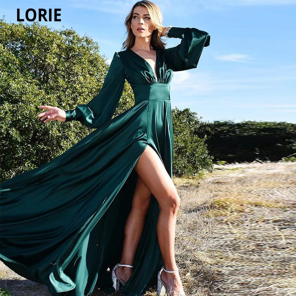 

LORIE Dark Green V-neck Satin A-line Prom Dresses 2022 Sash Long Side Split Party Gowns Formal Vestidos De Gala Robe De Soiree