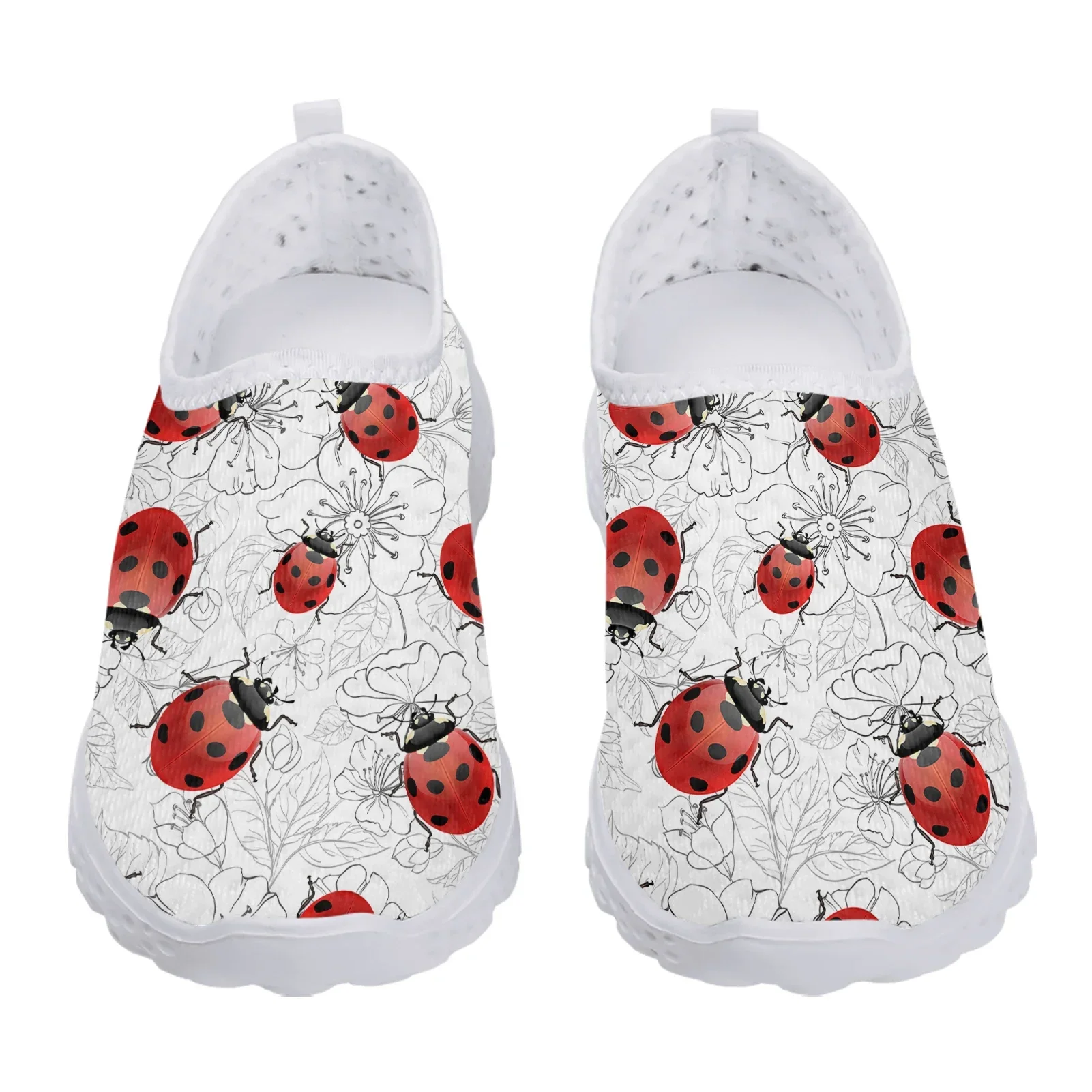 White Lightweight Seven Star Ladybug Pattern Design Mesh Sneakers Comfort Slip On Shoes Soft Leisure Shoes Zapatos