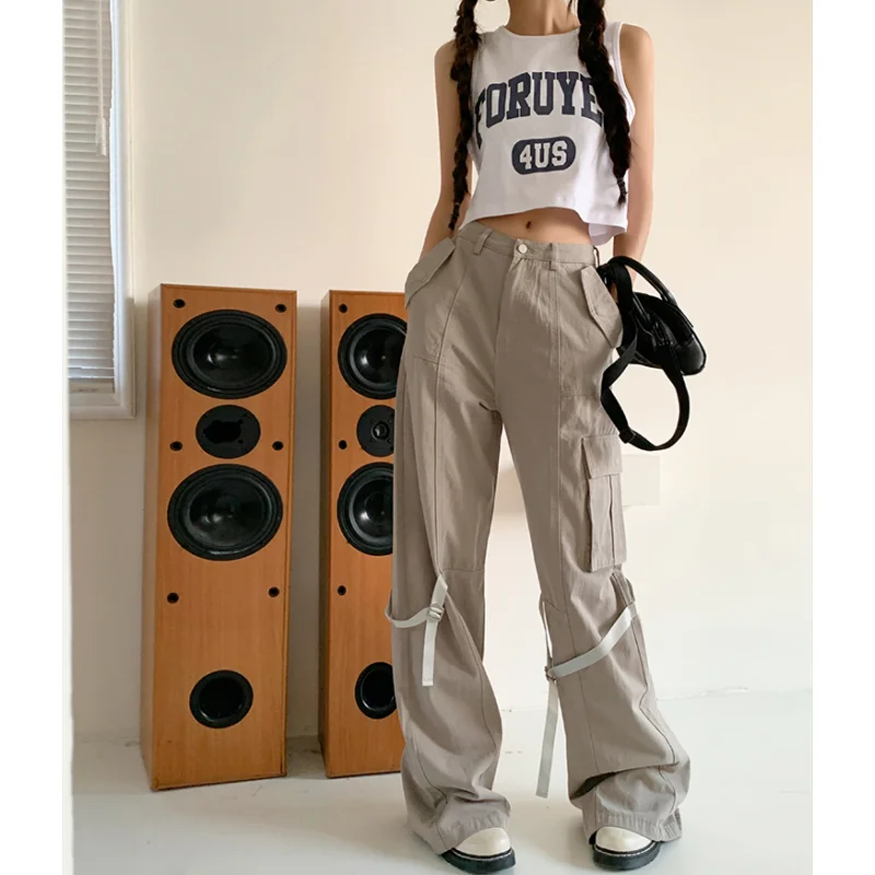 

Grey Casual Cargo Pants Fashion Solid American Autumn 2023 NEW Straight Pants Streetwear High Waist Baggy Female Green Trouser