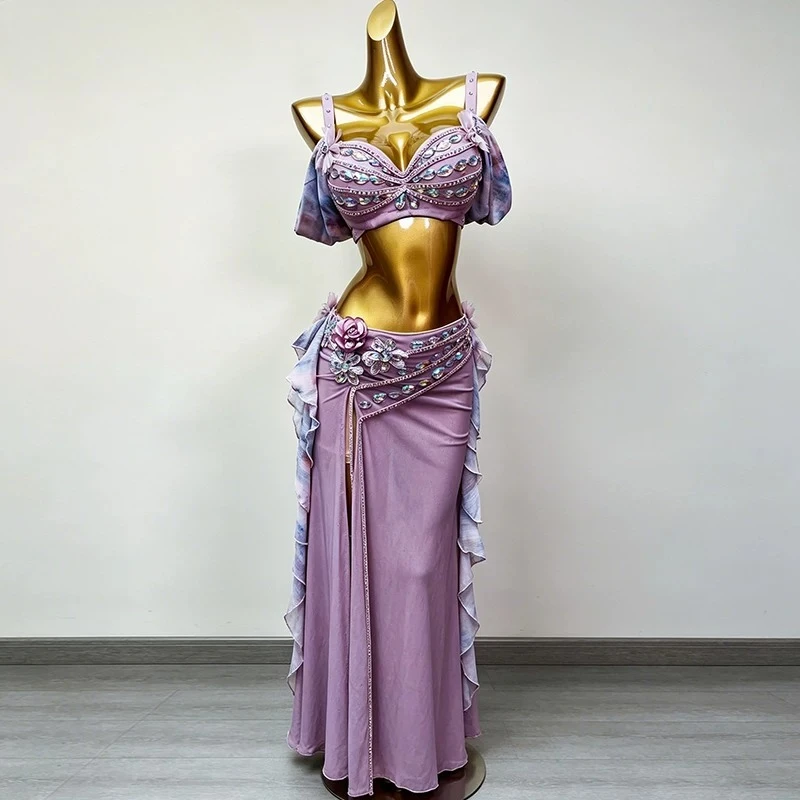 Customized Belly Dance Costumes Performance Costume Female Set Oriental Dance Practice Clothing Bean Paste Powder Bra and Skirt