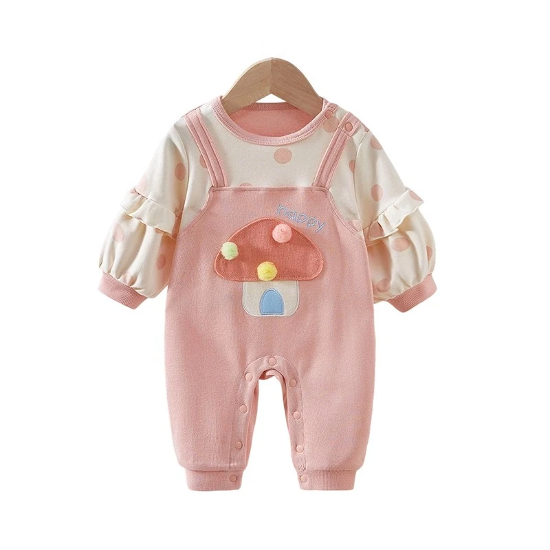 Baby Girl's Fake Two-piece Onesie for Spring & Autumn Infant Cute Mushroom Jumpsuit Halloween Ruffled Cuffs Outward Romper