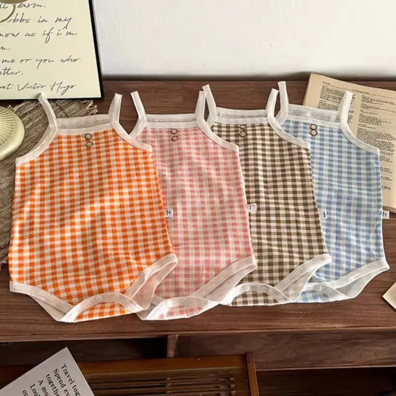 0-2Y Summer Casual Newborn Baby Bodysuit Plaid Sleeveless Romper for Toddler Boys Girls Soft Thin Infant Clothes Daily