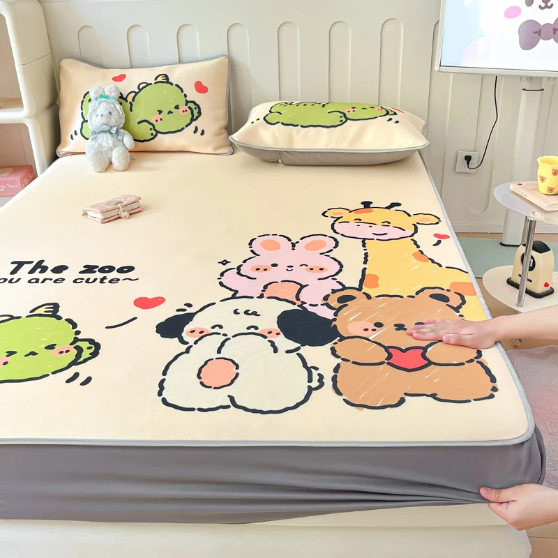 3pcs Cooling Mattress Cover Cartoon Printed Bedspread Comfortable Bed Mat cubre colchón Queen/King Size Bed Linen 매트리스 커버