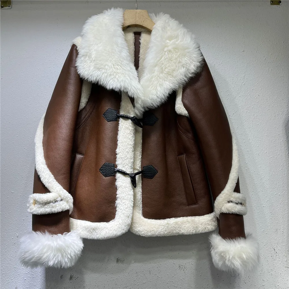 

2023 Winter New Wool collar double faced fur coats for women motorcycle leather jacket Female fashion Loose outerwear Y4397