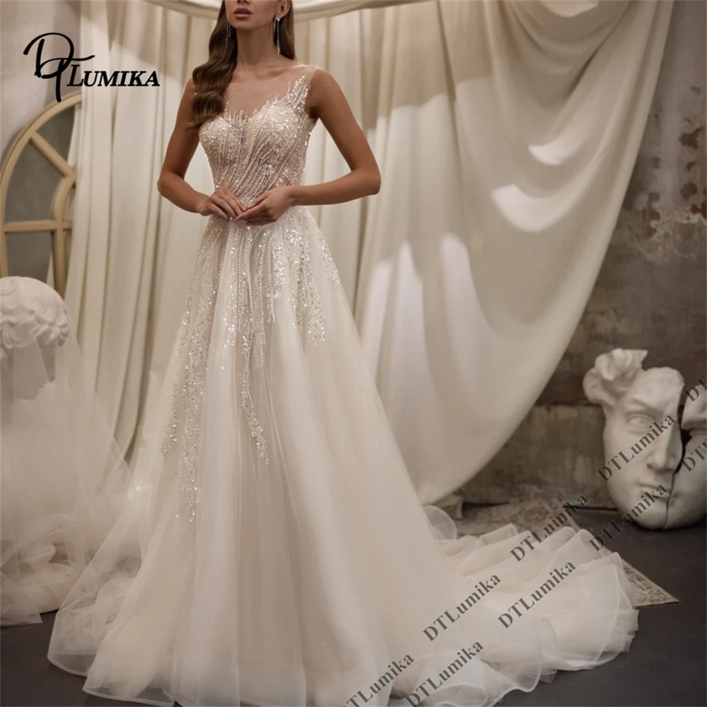 DTLumika Sequined Appliques Bride Dress 2026 Sheer Round Neck Sleeveless Illusion Wedding Dresses for Women, Customizable