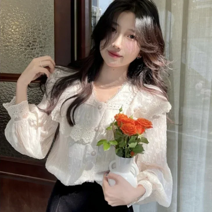 قمصان النساء الفرنسية خمر الدانتيل لوليتا أنيقة طويلة الأكمام انتفض بلوزة عالية الجودة مكتب سيدة موضة جديدة شيك الإناث القمم