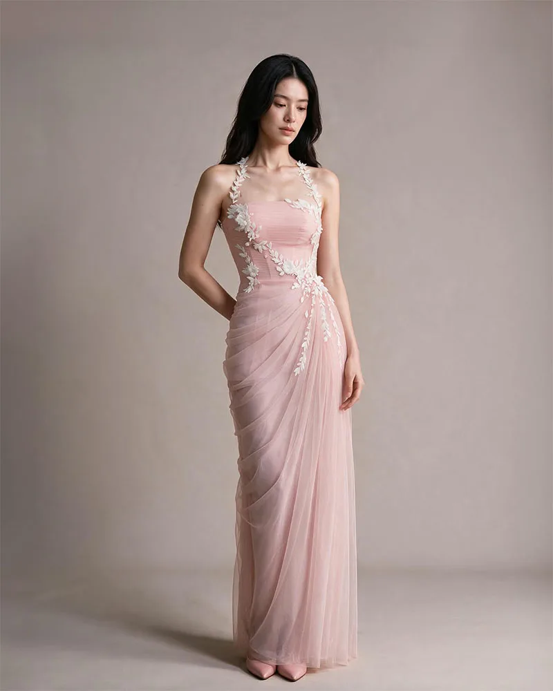 Blush Tulle Halter Evening Gown 3D White Floral Appliques Draped Mermaid Lace‑Up Back Long Formal Dress