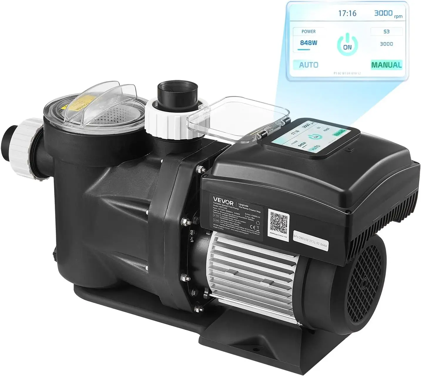 Variable Speed Pool Pump, 1.5 HP, AC 220-240V, 115 GPM, In/Above Swimming Pool Pump with Filter Basket, Powerful Self Priming, P