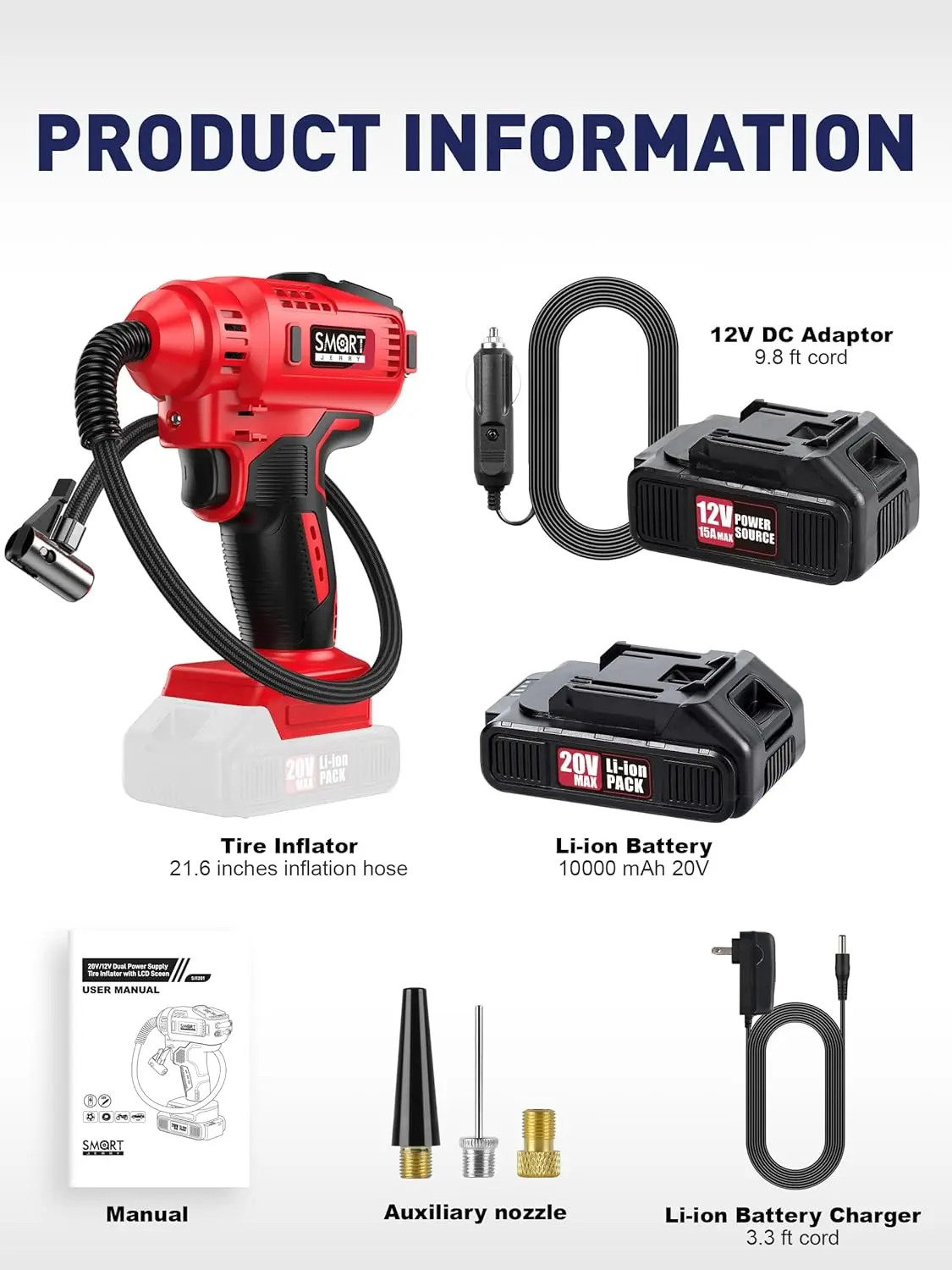SMART JERRY Dual-Power 20V/12V Cordless Car Tire Inflator Auto-Stop 150 PSI Air Compressor Emergency Tool Kit ABS RED