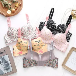 Retro Floral Print Bras Push Up Bra Small Chest Thick Mold Cup No Steel Ring Wirelss Bra Student Seamless Sweet Bra For Girls