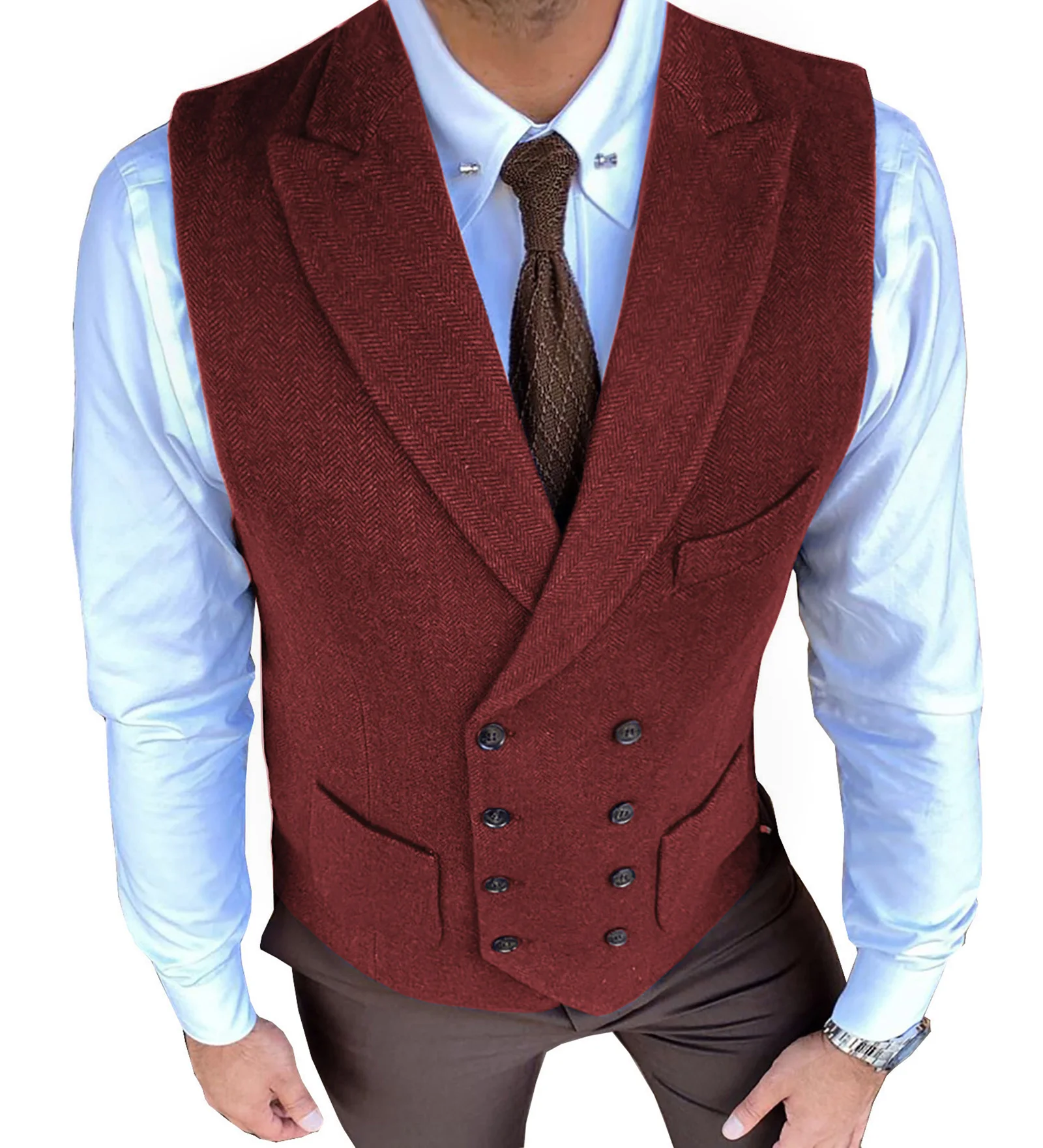 Herringbone Men\'s Vest Casual Double Breasted Suit Vest Herringbone Pattern Notch Lapel Waistcoat for Groomsmen for Men Vest