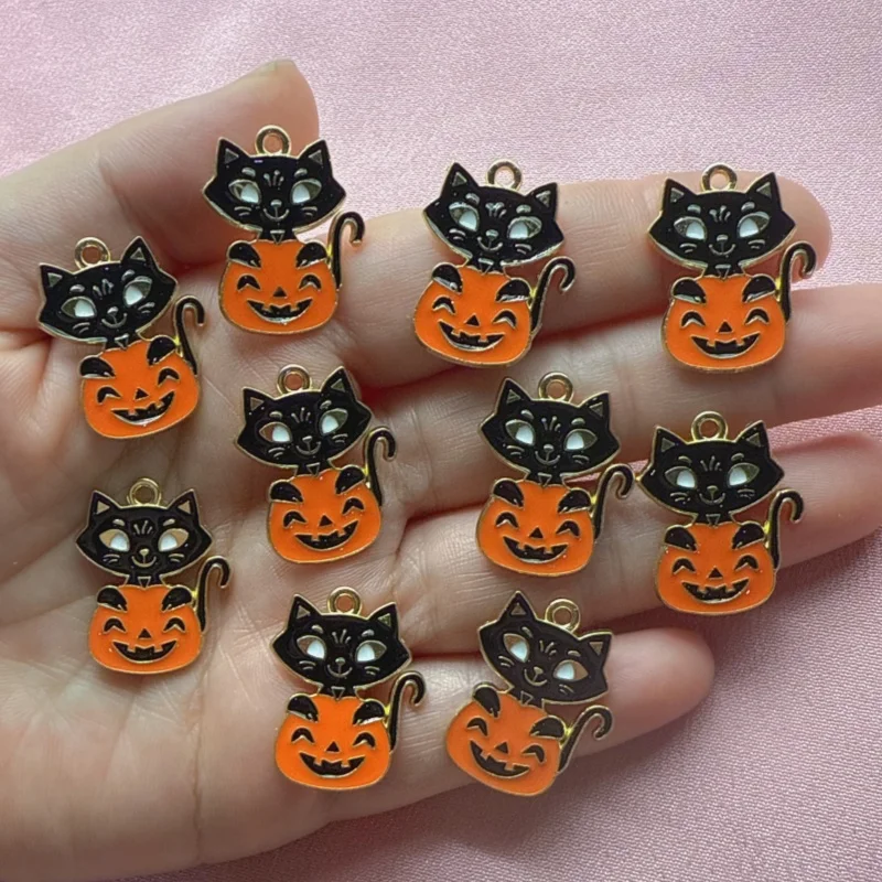 10pcs alloy oil drop Halloween pumpkin cat pendant, DIY jewelry making earrings necklace keychain accessories