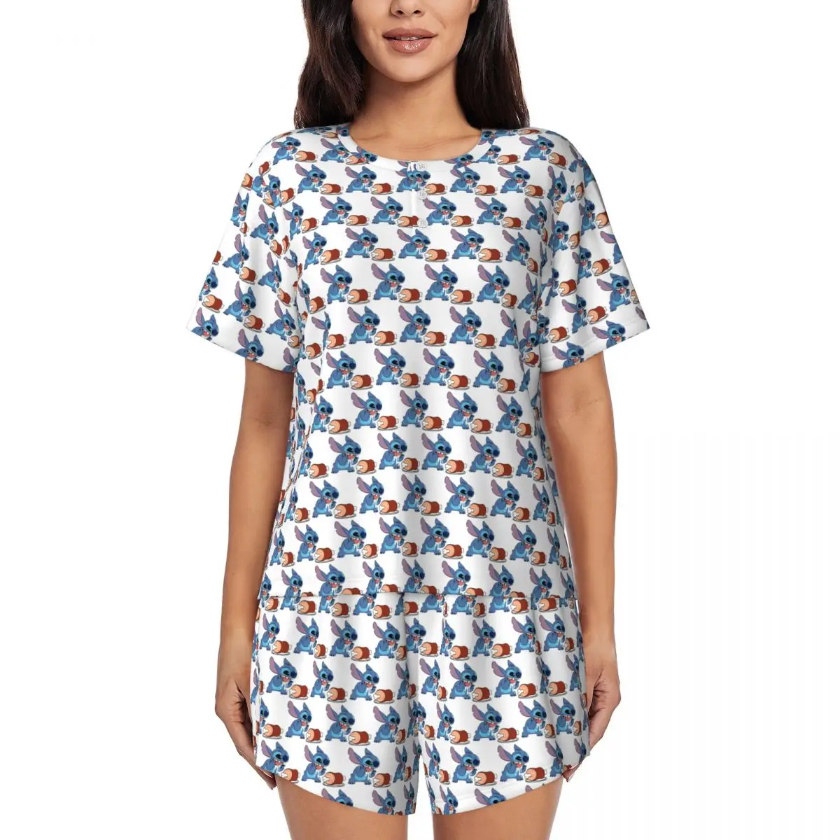 

Custom Stitch TV Cartoon Animation Pajama Sets Women's 2 Piece Short Sleeve Pjs Shorts Sleepwear