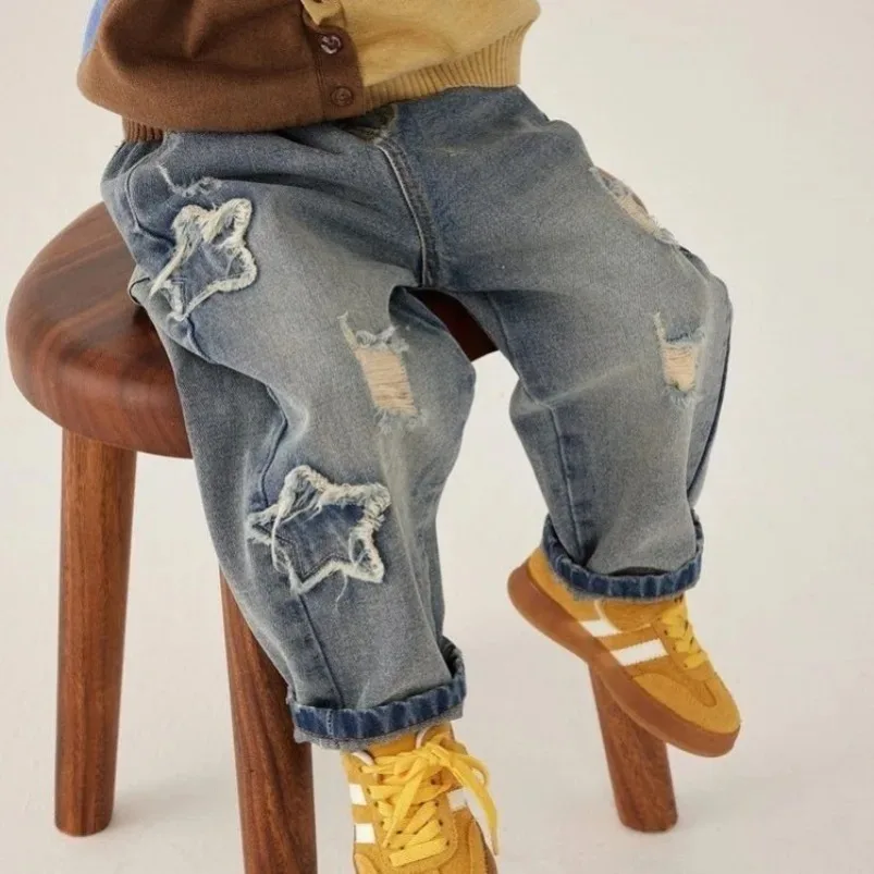 Y2K القوطية بنين جينز الشارع الشهير الهيب هوب الكرتون التطريز الرجعية الأزرق فضفاض نجوم الربط الخام حافة الدنيم موضة السراويل غير رسمية #5