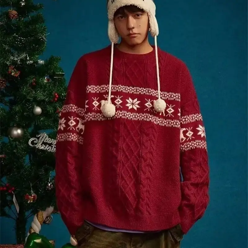 

Cisas Knitted Sweater round Ne Vintage Pattern Men's Winter Faion oulder Drop Soft Skin-friendly Floral Embroidery