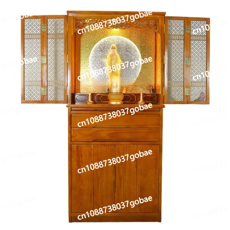 Solid Wood Buddhist Shrine for Table Vertical Cabinet for Household Worship God of Wealth Table Cabinet with Door Shrine