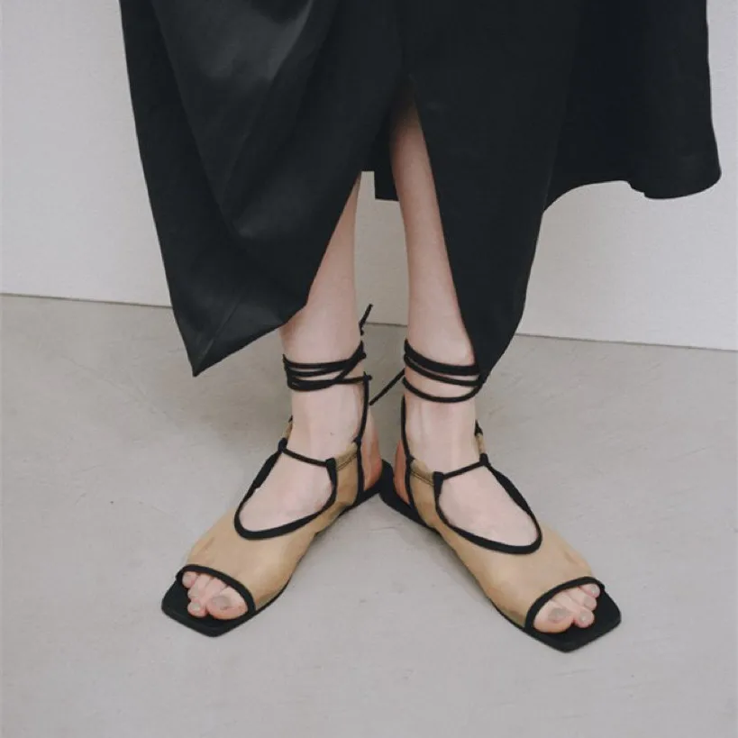 

Women's Mesh Square Toe Gladiator Sandals Lace-Up Ankle Wrap with Flat Sole for Summer Street Style Avant-Garde Minimalist