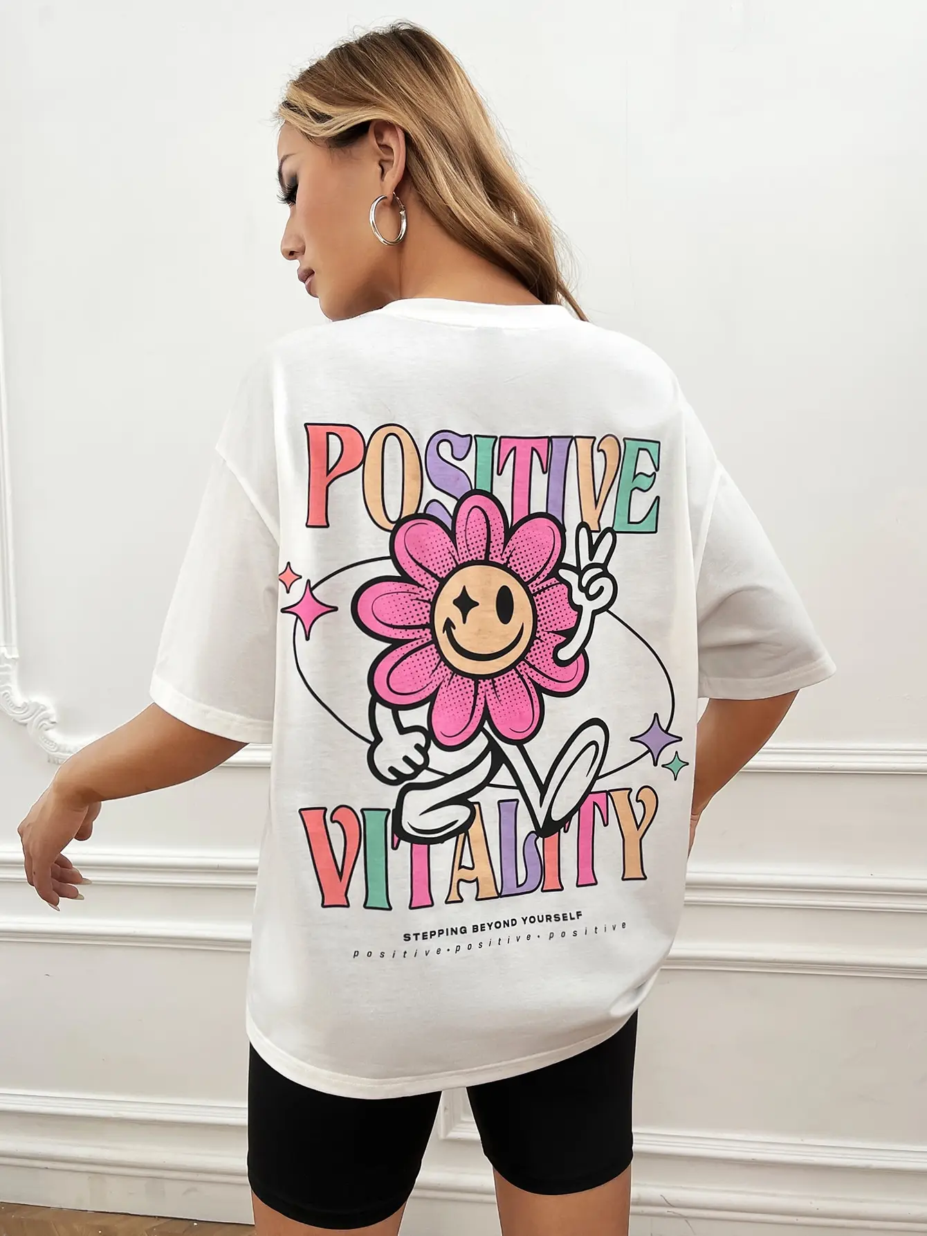 Be Postive Vitality To Life Cotton Tee Tops Trend Short Sleeve T-Shirt Fashion Comfortable T-Shirt Personality Casual Women Tee