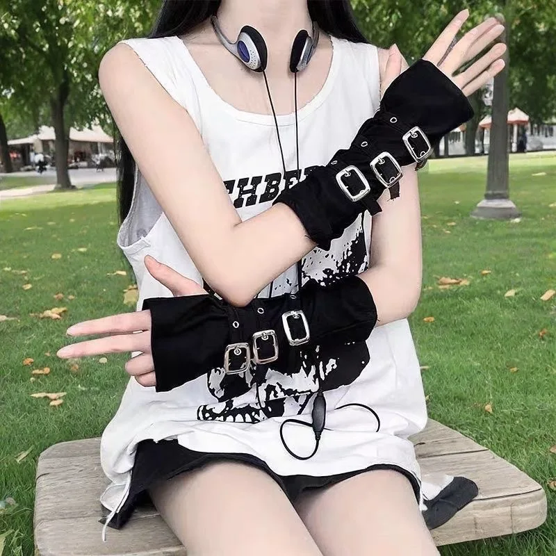 Fingerless Gloves Metal Strap Dark Punk Millennium Half Finger Anime Cosplay Comic Exhibition Stage Women Black Lightweight