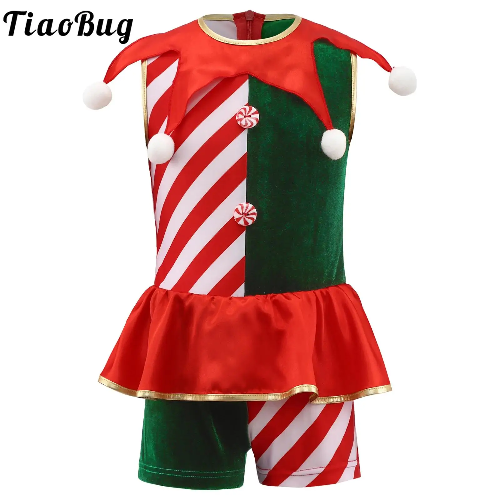 

Boys Girls Christmas Stripe Elf Costumes Clown Performance Clothes Leotards Sleeveless Pompoms Waist Ruffled Overlay Jumpsuit