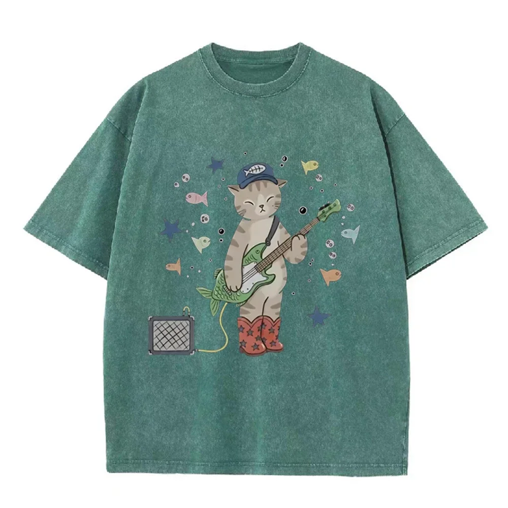 2026 Cute Cartoon Cat Playing Fish Bass Guitar Graphic Black Acid Washed T Shirt Retro Music Animal Casual Oversized Unisex Shor