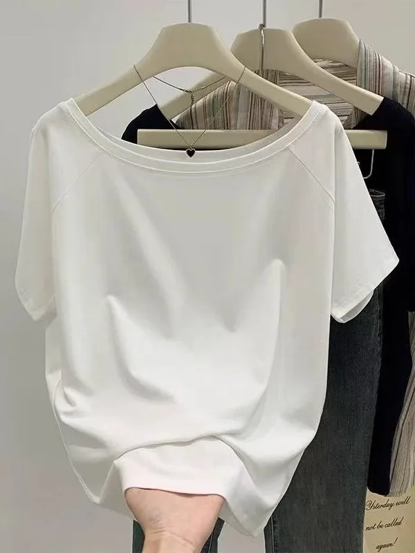 Summer New Style Shoulder Bared Short Sleeve T Shirt Women Loose Slimming Versatile Design Small Size Top Combed Cotton Material