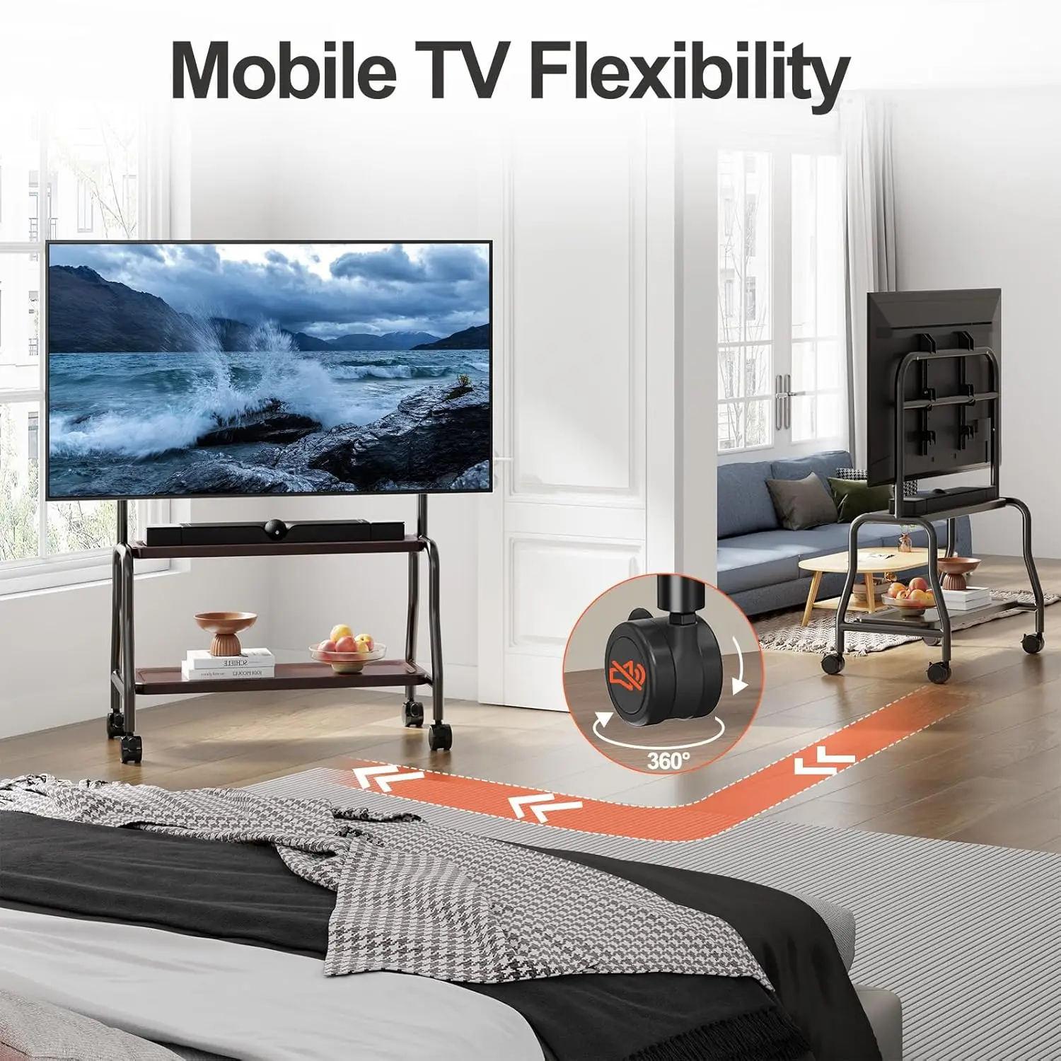 Easel Rolling TV Stand with Wheels for 32-75 Inch TVs, Decorative Mobile TV Cart with Double Wood Shelves, Portable Floor TV Sta