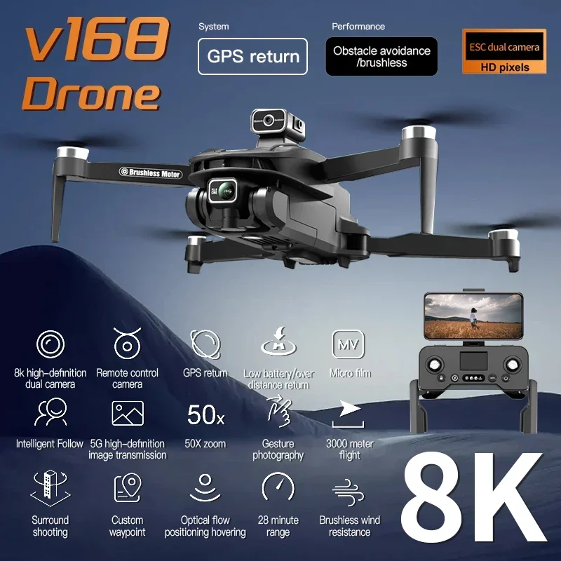 Fotografia Aérea HD Profissional Dual-Camera Drone, Drone Dobrável, Evitar Obstáculos, 360 ° All-round, 8K, 5G, GPS, V168