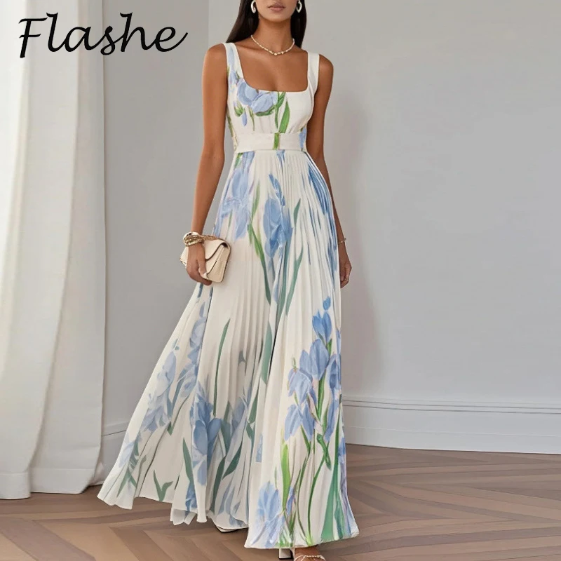 夏の花柄プリントワンピース レディース エレガント ノースリーブ セクシー ハイウエスト スリング ロングワンピース オフショルダー ビーチ ホリデーワンピース