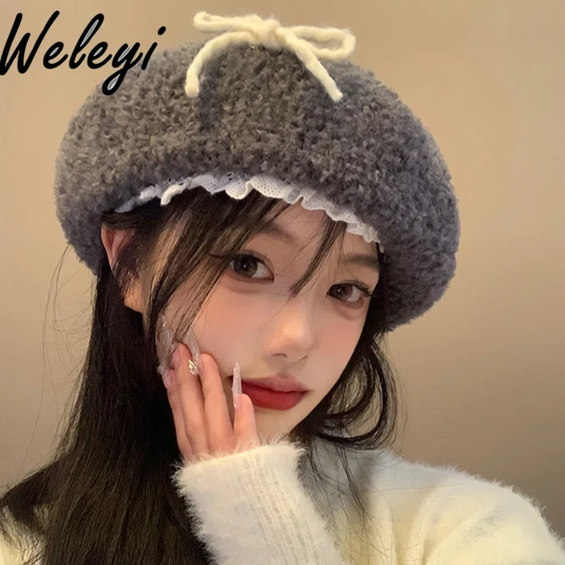 

Lamb Wool Bow Lace Grey Berets Caps for Women 2024 Autumn Winter Warm Small Painter Hat Versatile Hats Female Gorros Invierno