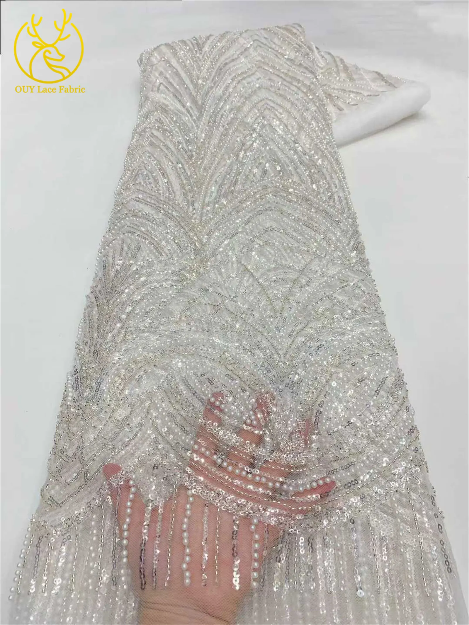 Schwarzer afrikanischer Perlen-Spitzenstoff 2026 Hochwertiger französischer Pailletten-Tüll-Spitzenstoff Nigerianischer Tüll für Hochzeit, Party, Kleid, Nähen, 5 Jahre – Detail 13