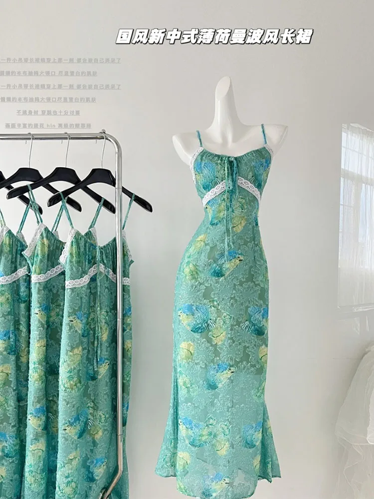 New Chinese Style Print Spaghetti Strap Dress Sleeveless Fashion Lace Sundress Temperament Green Floral Dress Formal Occasion