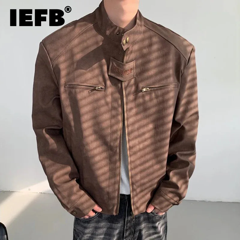 IEFB American Style Men's Jackets Loose PU Leather Zipper Stand Collar Short Tops Casual Solid Color Male Coat Functional 9C7180