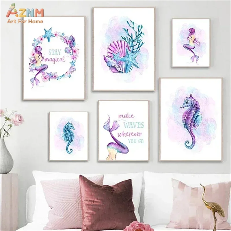 AZNM Watercolor Mermaid Seahorse Canvas Wall Art, Pastel Purple Pink Ocean Shell Starfish Print, Stay Magical Make Waves Quote P