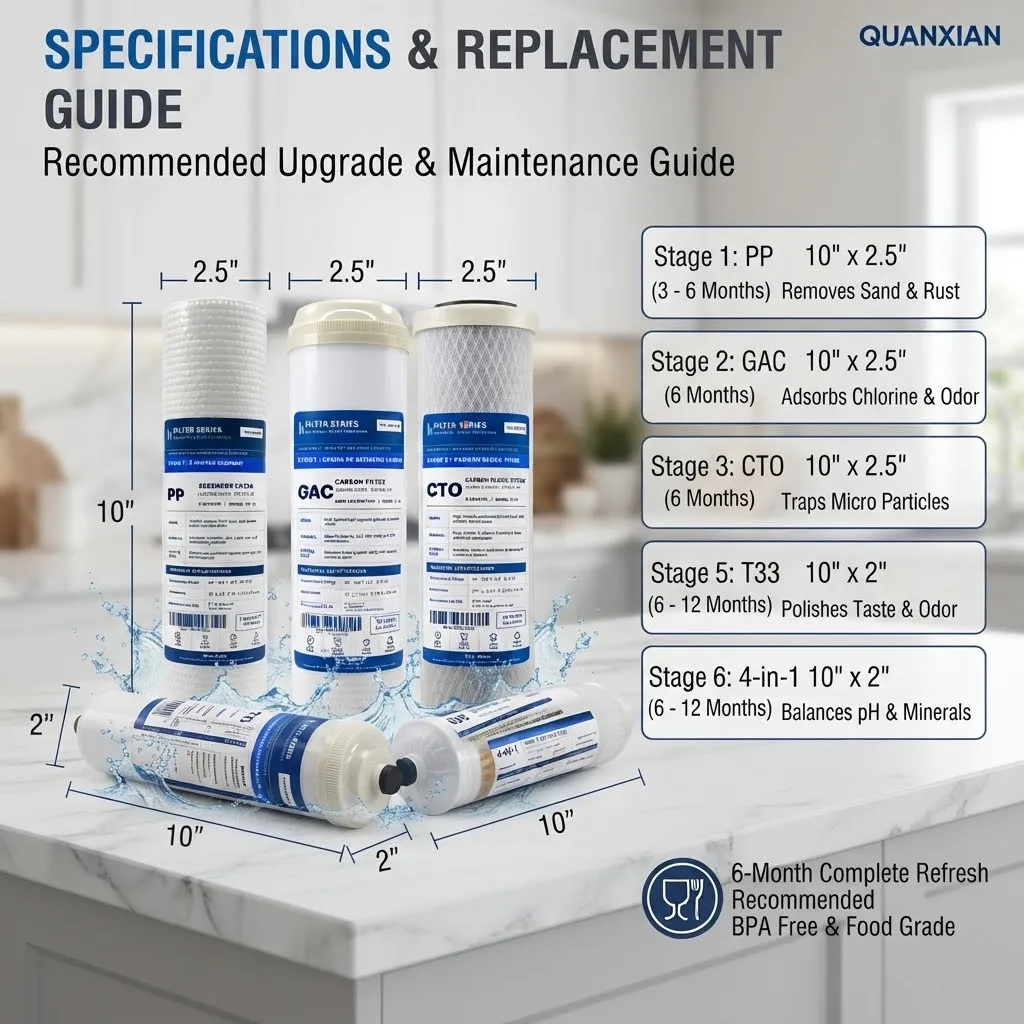 10 Inch 5-Stage RO Water Filter Replacement Set, Sediment Carbon 4-in-1 Mineral Alkaline Cartridge Kit for Under Sink Systems 6