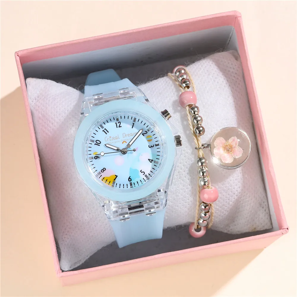 2pcs candy color silicone band Luminous Children's cartoon watch