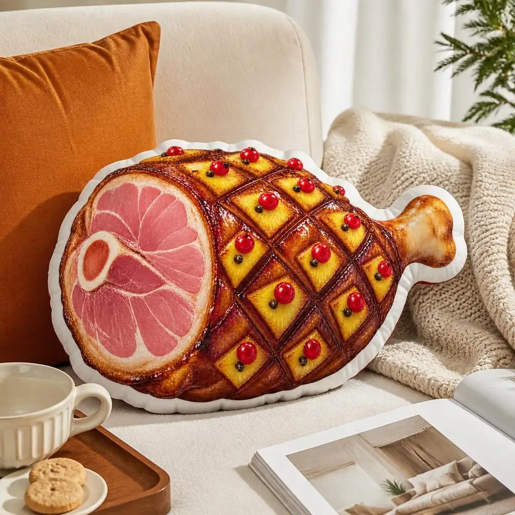 Glazed Roast Ham Shaped Pillow Holiday Dinner Throw Cushion Stuffed Food Lover Home Decor for Sofa Kitchen Dining Room Gift